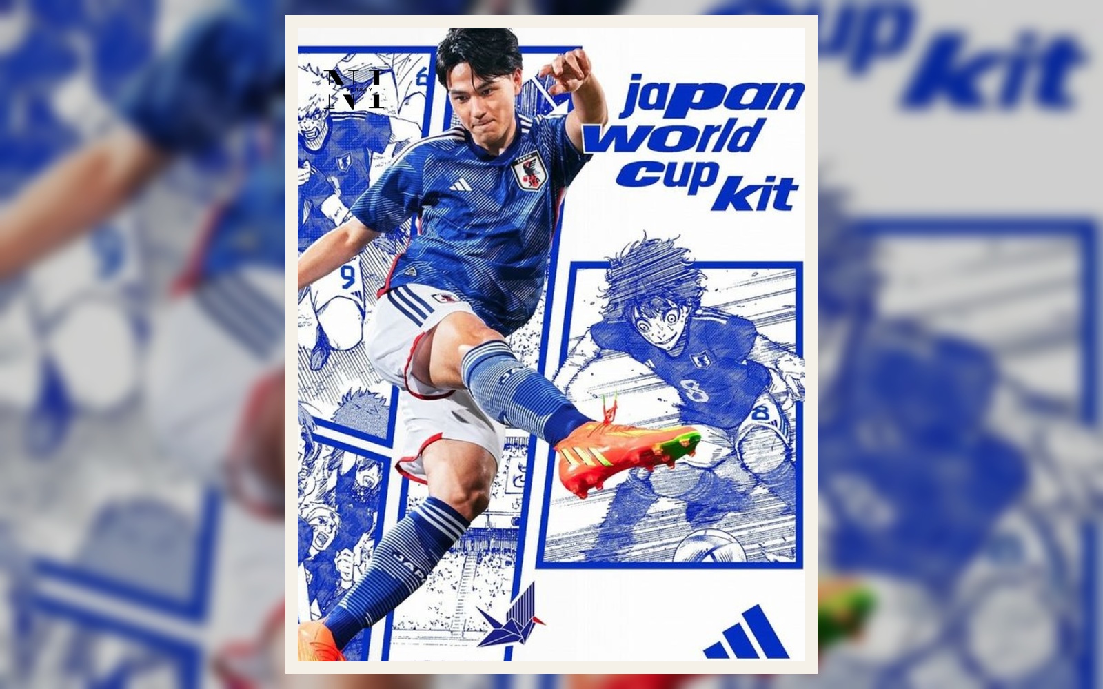 Promotional-style Japan kit artwork shows how the blue shirt can carry manga energy, matchwear, and street visual culture in one frame.